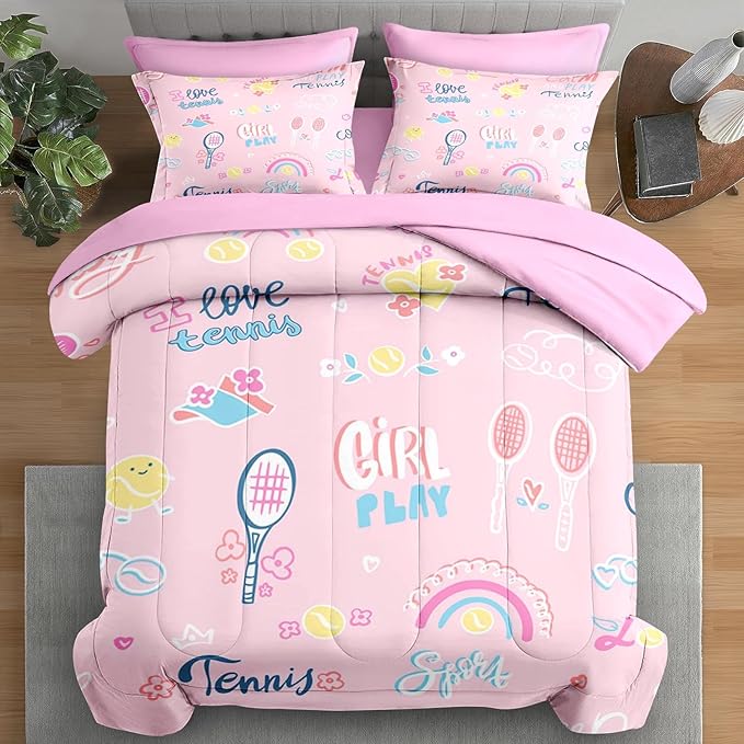 Comforter Set Twin Size, Cute Tennis Pink 5 Pcs Bedding for Kids and Adults, Rainbow Ball Flower Bed Sheet Sets with Fitted Sheet Pillowcase & Sham for Bedroom Bed Decor