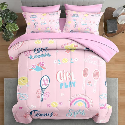 Comforter Set Twin Size, Cute Tennis Pink 5 Pcs Bedding for Kids and Adults, Rainbow Ball Flower Bed Sheet Sets with Fitted Sheet Pillowcase & Sham for Bedroom Bed Decor
