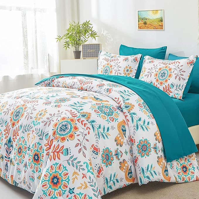 Boho Comforter Set Twin - 5 Pieces Bed in a Bag Floral Medallions Design, Bohemian Comforter Set with Sheets, Soft Microfiber Complete Bedding Sets All Season (Teal Blue, Twin)