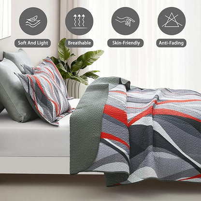 weesire Classic Line Pattern Bedding Quilt Twin Size Modern Grey Red and Black Stripe Quilt with Shams, Gray and Red Comforter Sets Lightweight Breathable Bedspreads Coverlet, 68''x86''