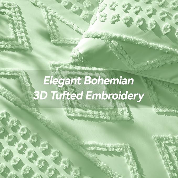 Boho Queen Comforter Set Sage Green with Sheets, 3 Pieces Tufted Queen Comforter Sets Boho Bedding Cream Soft Warm Neutral Comforter Sets for All Seasons