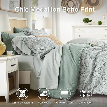 Comfort Spaces Bed in A Bag Comforter Set - Trendy Casual Design Queen Comforter with Complete Sheet Set with Side Pocket, All Season Comforter, Shams, Gloria, Queen Green 9 Piece