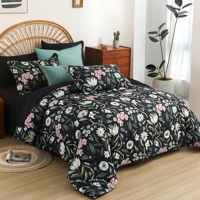 EVENHUG King Comforter Set 7 Pieces Lightweight Soft Queen Size Comforters for All Season Floral Bedding Sets Bed in a Bag with Flat Sheet and Fitted Sheet Pillowcases (104"x90")