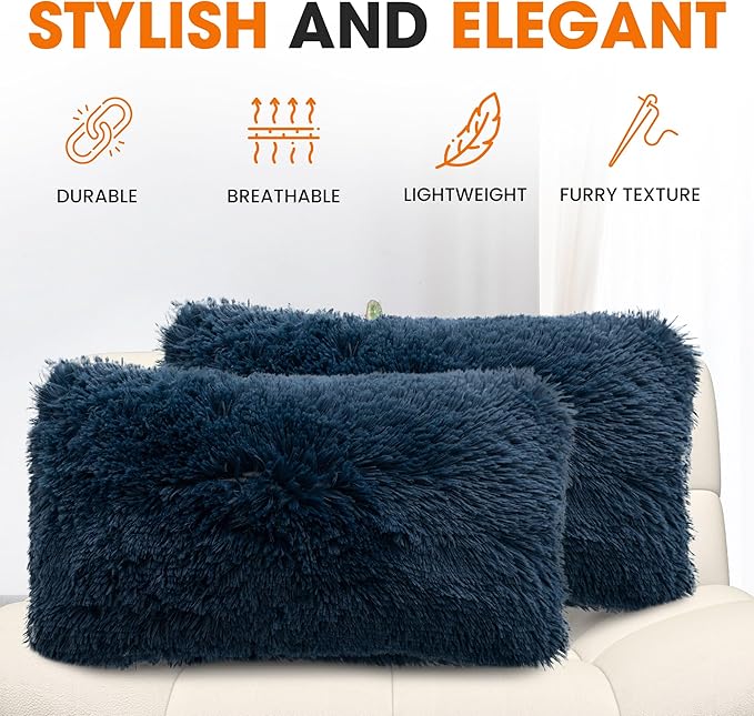 Cheer Collection Throw Pillows for Couch and Bed, Soft Shaggy Throw Pillows with Inserts Included, Cozy Long Hair Faux Fur Pillows - Set of 2-12" x 20" - Navy Blue