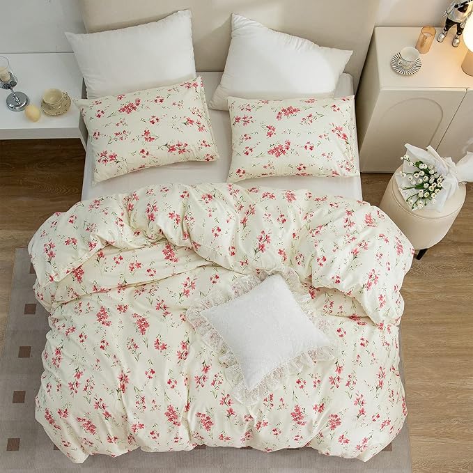Full Floral Comforter Set Soft Cute Floral Bedding Comforter Sets Garden Style Red Flower Print Botanical Flowers Comforter Set for All Seasons 1 Comforter and 2 Pillowcases