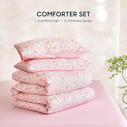 Wake In Cloud - Floral Comforter Set, Cute Vintage Flower Cottagecore Aesthetic for Women Teen Girls, Soft Lightweight Dorm Bedding, 3 Pieces, Pink, Full Size
