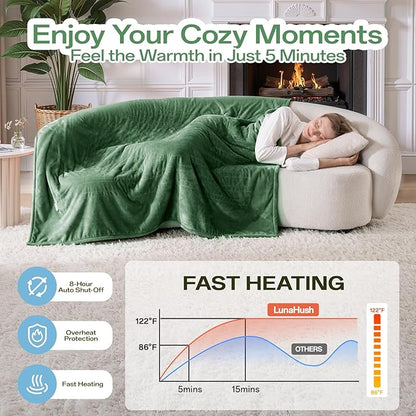 Electric Heated Blanket Queen Size, Dual Control Fast Heating Sherpa Blanket, 8 Heating Levels & 10 Hours Auto Off, Machine Washable with ETL & FCC Certified, Green