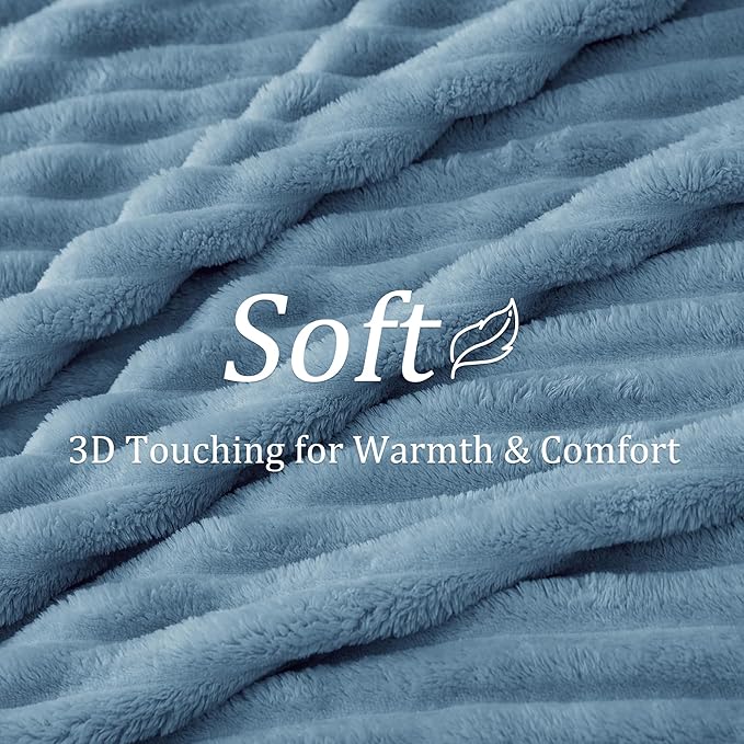 BEDELITE Fleece Throw Blanket for Couch - 300GSM Soft & Warm Fluffy Light Blue Blanket, Decorative and Giftable Striped Blankets for Women, Men, 50"x60"