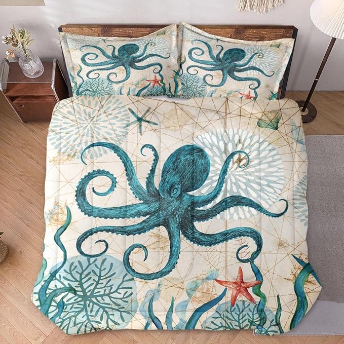 Twin Size Comforter Set with Pillowcase, Sea Coral Octopus 2 Pcs Bedding for Kids and Adults, Beach Summer Ocean Animal Soft Comforter Set for Bedroom Bed Decor