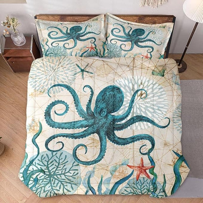 Queen Size Comforter Set with 2 Pillowcases, Sea Coral Octopus 3 Pcs Bedding for Kids and Adults, Beach Summer Ocean Animal Soft Comforter Set for Bedroom Bed Decor