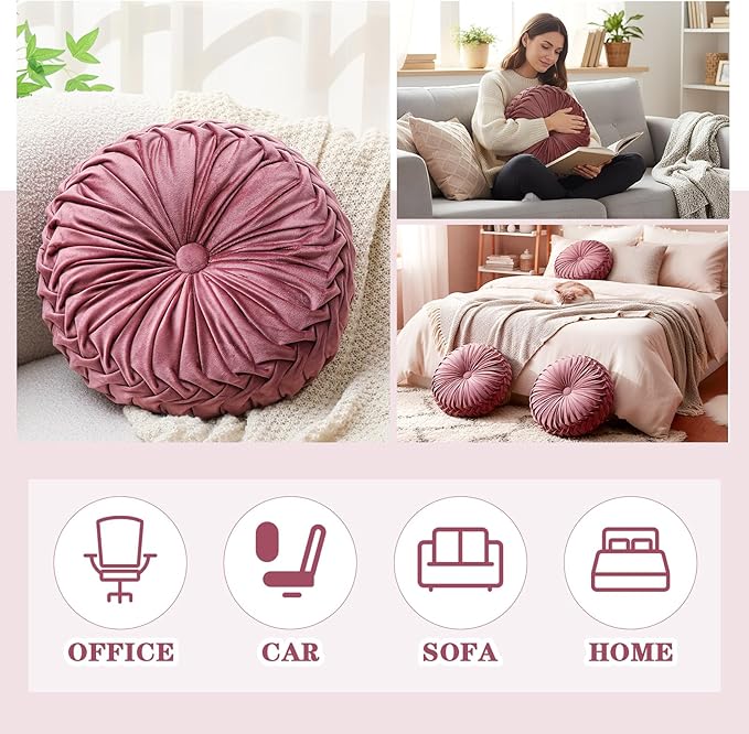 1 Pcs Round Throw Pillows Decorative Velvet Pleated Throw Pillows 15'' Diameter Accent Pumpkin Boho Chair Cushion for Couch Sofa Chair Bed Home Decoration (Dusty Rose)