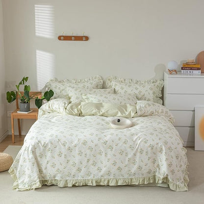 HighBuy Green Floral Comforter Set Twin XL Lace Ruffles Reversible Stripes Comforter Fluffy with 2 Pillow Shams Toddler Girls Boho Romantic Lace Coquette Bedding Set