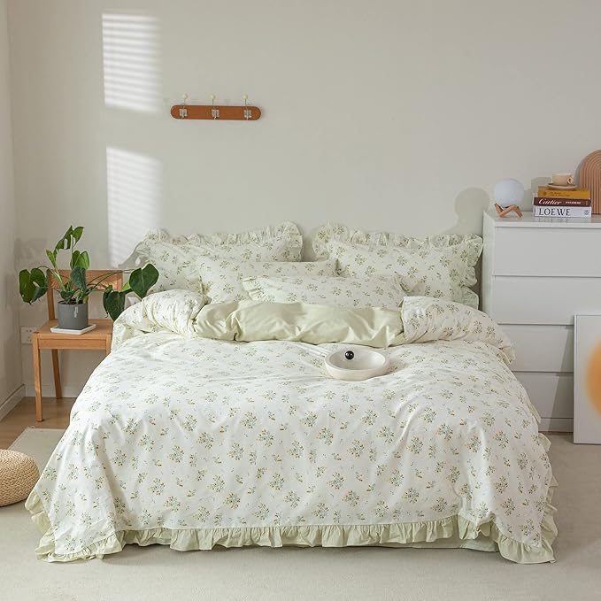 HighBuy Garden Flower Comforter Set Full Green Floral Bedding Comforter Set Stripes Farmhouse Bedding Set 1 Lace Ruffle Comforter and 2 Lace Pillowcases Romantic Comforter Sets for Girls Women