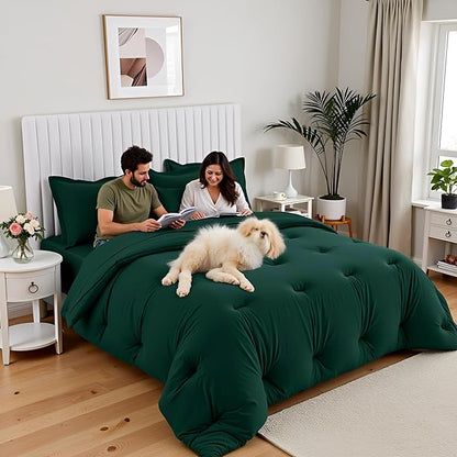 Queen Comforter Set 7 Piece - Soft Bed in a Bag Queen Size Comforter Sets, Cozy Luxury Bedding Sets with All Season Comforter, Flat Sheet, Fitted Sheet,2 Pillowcases & 2 Shams, Dark Green
