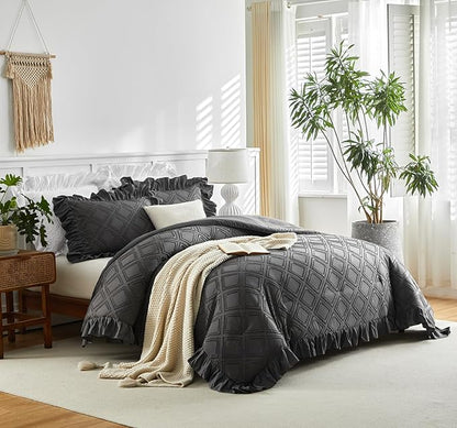 Flysheep Tufted Grids Ruffle Comforter Set Twin Size, 3 Pieces Dark Grey Vintage Farmhouse Shabby Chic Comforters, Jacquard Boho Bohemian Bedding Set for Kids (1 Ruffled Comforter+ 2 Pillow Shams)