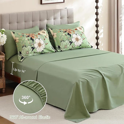 Xruibed Floral Comforter Set Queen Size 7 Pieces, Sage Green Bed in a Bag Flower Boho Comforter Set with Sheet, Pillowcases, Pillowshams, Soft Microfiber Bedding Set for All Season (Queen 90''x90'')