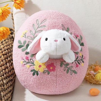 Phantoscope Happy Easter Egg Shaped Throw Pillow with Bunny, Teddy Fleece Soft Egg Pillow with Floral Embroidered Decorative Pillows for Couch Sofa Bed Chair, Favors Gifts, Pink, 14.5 x 12.5 Inches