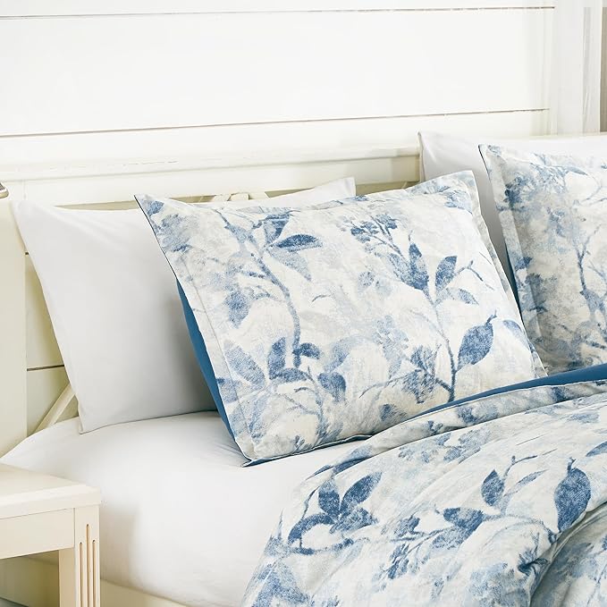 Chezmoi Collection Monica 3-Piece Boho Floral Comforter Set, King - Blue Gray White Tropical Flower Textured Printed Microfiber Lightweight Bedding Set