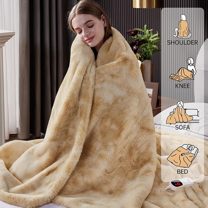 Guohaoi Heated Blanket Electric Throw, Soft Faux Rabbit Fur Electric Blanket with 10 Heating Levels 5 Sitting Timer Auto Off, Dual-Controller Heating Blankets, Machine Washable(84"×90" Beige)