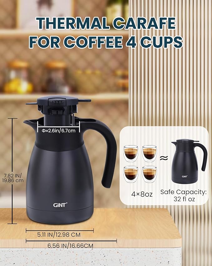 GiNT 1L / 34Oz Thermal Coffee Carafe, Insulated Stainless Steel Coffee Carafes for Keeping Hot/Double Walled Vacuum Thermal Carafe (Black)