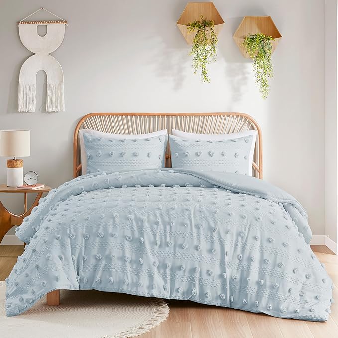 Intelligent Design Queen Duvet Cover Set, Clipped Jacquard Duvet Set Chic Pompom Accent, All Seasons Lightweight Microfiber Bed Cover for Comforter with 2 Shams, Lucy, Full/Queen, Blue 3 Piece
