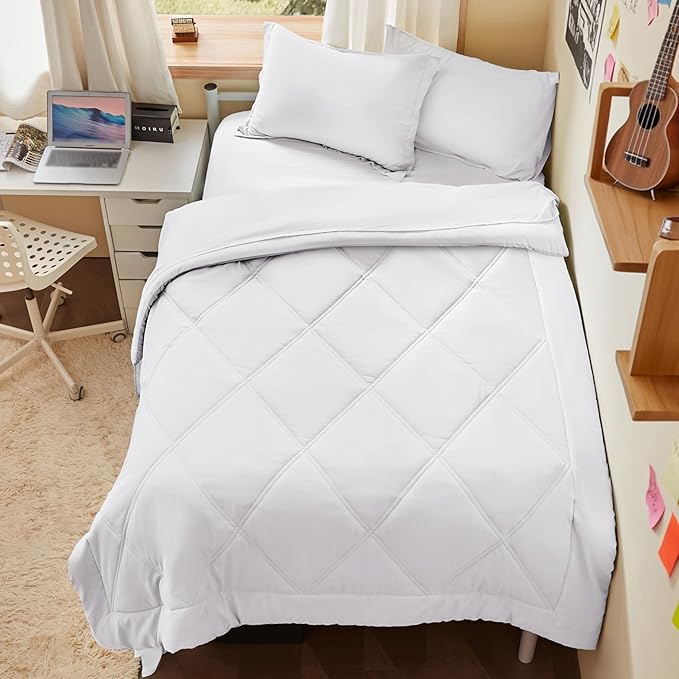 Joiedomi Twin Comforter Set with Sheets White, 5 Pieces Twin Bedding Sets with 1 Down Alternative Comforter, 1 Flat Sheet, 1 Fitted Sheet, 1 Pillowcase and 1 Pillow Sham, Bed in a Bag for All Seasons