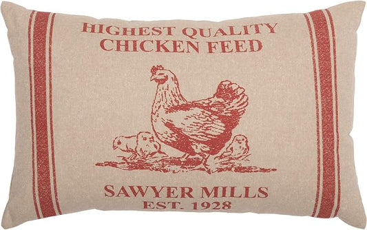 VHC Brands Sawyer Mill Red Hen & Chicks Pillow Farmhouse Throw Pillow Accent for Couch Sofa Bed 14x22