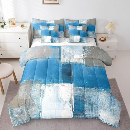 Erosebridal Blue White Grey Bedding Twin Size 7pcs Oil Painting Comforter Set, Tie Dye Bed in a Bag Ombre Bedding Comforter Sets with Flat Sheet, Fitted Sheet, Pillowcases, Throw Pillow Covers