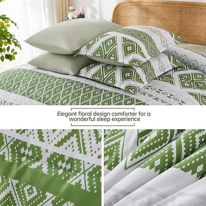 Luxudecor Green Comforter Set King Size 7 Pieces,Boho Aztec Comforter with Sheet Set,Geometric Striped Pattern Bed in a Bag,Soft Microfiber Bed Set 104"x90"