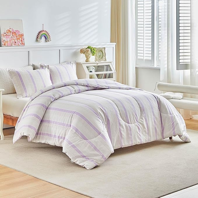 Joyreap 3pcs Cotton Comforter Set King, Purple Stripes Stylish Design, Soft Cozy Lightweight Bedding Comforter Set for All Seasons- 100x88 inches