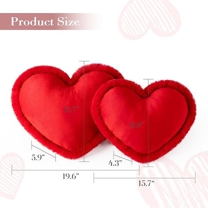 AELS Heart Shaped Pillow, Set of 2, Heart Decorative Throw Pillows, Soft Velvet Love Pillows with Faux Fur Fringe, 20 & 16 Inches, Cute Valentines Day Decorations, Wedding Decor, Red