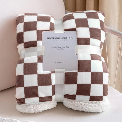 LOMAO Sherpa Throw Blanket Fleece Blanket with Checkered Pattern Soft Thick Blanket for Couch, Bed, Sofa Luxurious Warm and Cozy for All Seasons (Coffee, 51"x63")