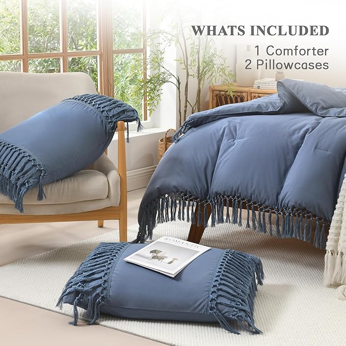 Andency Queen Comforter Set Bluish Grey, 3 Pieces Boho Lightweight Fall Bedding Comforter Sets, Tassel Bed Set (90x90In Comforter & 2 Pillowcases)