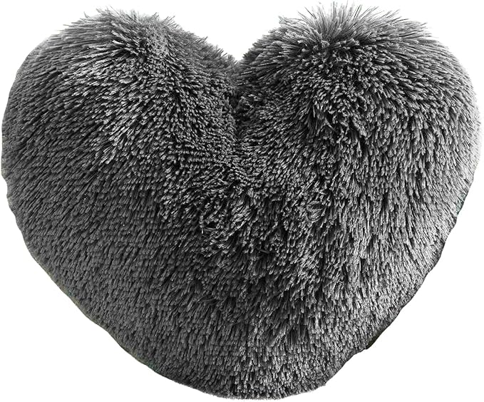 MorroMorn Fluffy Heart Throw Pillows, Shaggy Decorative Pillow for Sofa Couch Bed, Cute Room Decor Decorations for Women Girls Kids (Gray)