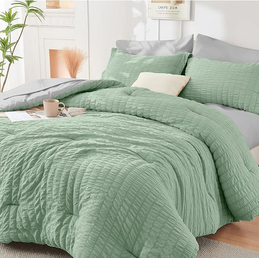 HYMOKEGE Sage Green/Light Grey King Size Comforter Set Seersucker 7 Pieces, All Season Luxury Bed in a Bag for Bedroom, Bedding Set with Comforter, Sheets, Pillowcases & Shams