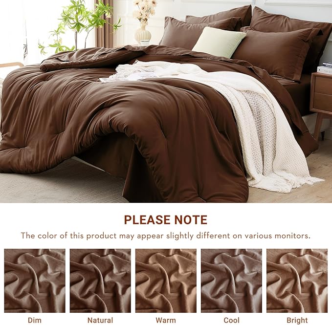 MUXHOMO 7 Pieces Queen Comforter Set, Soft Bed in a Bag Queen Size, All Season Bedding Set with Comforter, Flat Sheet, Fitted Sheet, Pillowcases & Shams, Brown