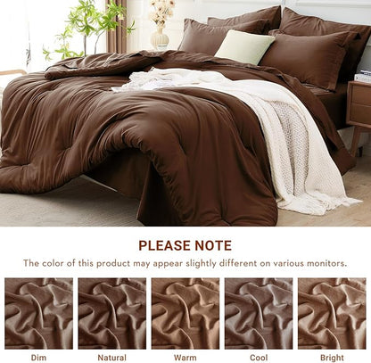MUXHOMO 7 Pieces Queen Comforter Set, Soft Bed in a Bag Queen Size, All Season Bedding Set with Comforter, Flat Sheet, Fitted Sheet, Pillowcases & Shams, Brown