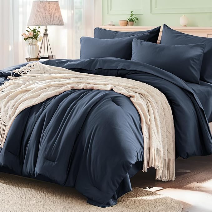 Anluoer Navy Blue King Comforter Set 7 Pieces, Bed in a Bag with Sheets, All Season Bedding Sets with 1 Comforter, 2 Pillow Shams, 2 Pillowcases, 1 Flat Sheet, 1 Fitted Sheet