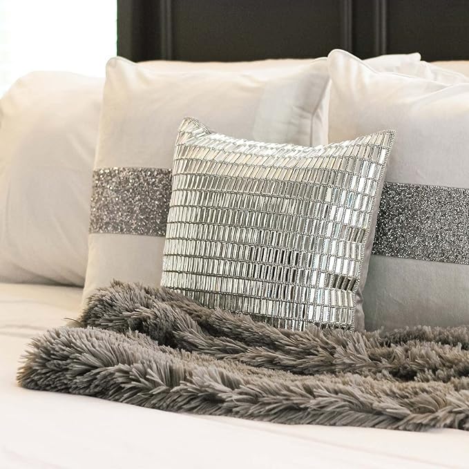 Fifth Avenue Pillow, Velvet Backing, Glass Stones, Dramatic, Hypoallergenic Fiber Insert, for Sophisticated Luxury Home Decor, Silver, 16", Sold Individually
