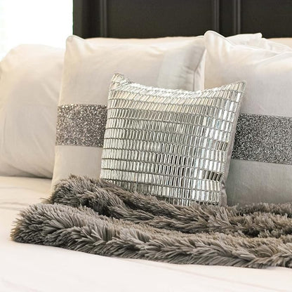 Fifth Avenue Pillow, Velvet Backing, Glass Stones, Dramatic, Hypoallergenic Fiber Insert, for Sophisticated Luxury Home Decor, Silver, 16", Sold Individually