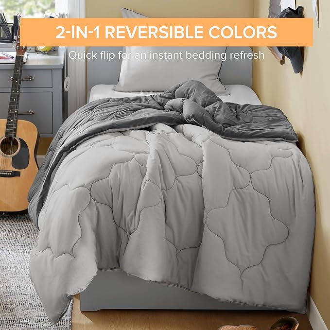 Comfort Spaces Comforter Set Vibrant Reversible Comforters Twin Size Quilted Bedding Set, All Season Lightweight Bedding, Soft Microfiber Comforter, Vixie, Grey/Light Grey Twin/Twin XL 2 Piece