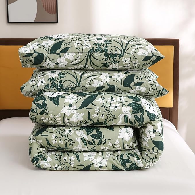100% Cotton Comforter Queen Size Sage Green Floral Bedding Set Reversible Botanical Comforter Set 3 Pcs Cottagecore Aesthetic Soft Bedding Sets for All Season