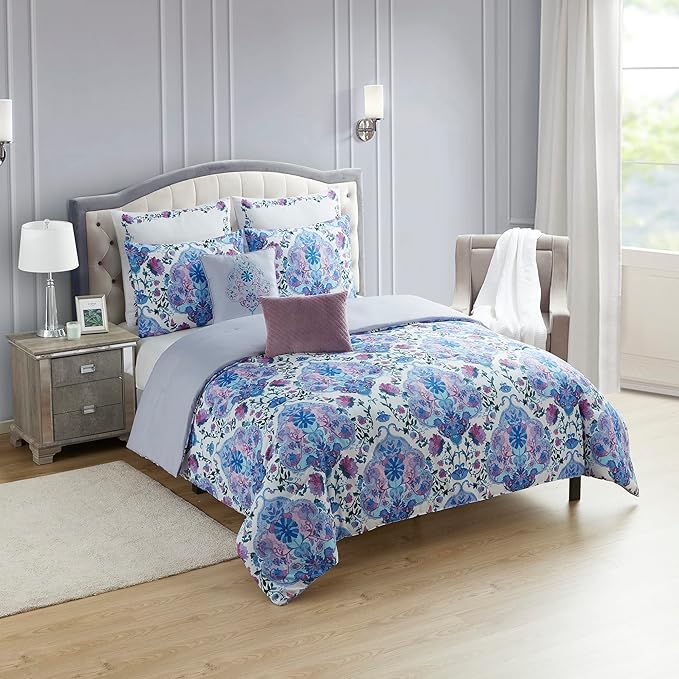 King Size Comforter Set 7 Piece Ultra Soft Fashion Printed Bedding Sets with Shams, Decorative Throw Pillows, and Pillowcases, King, Juliette