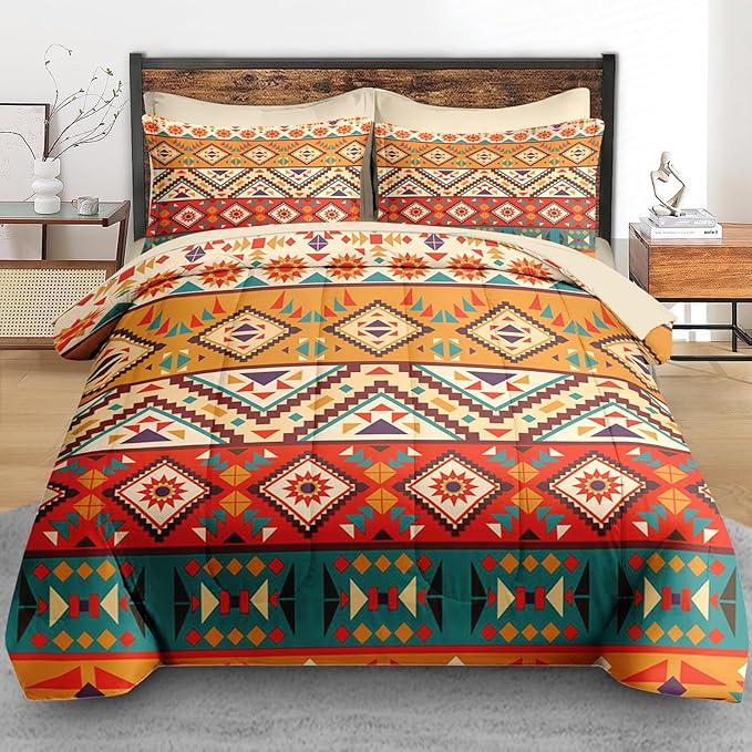 Comforter Set Twin Size, Colorful Tribal Mexico 5 Pcs Bedding for Kids and Adults, Mexican Aztec Sun Bed Sheet Sets with Fitted Sheet Pillowcase & Sham for Bedroom Bed Decor