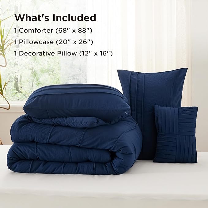 Bedsure Twin Comforter Set - 3 Pieces Pinch Pleat Bed Set, Navy Blue Boho Bedding for All Season, 1 Soft Comforter, 1 Pillowcase, 1 Decorative Pillow