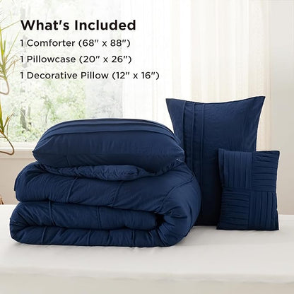 Bedsure Twin Comforter Set - 3 Pieces Pinch Pleat Bed Set, Navy Blue Boho Bedding for All Season, 1 Soft Comforter, 1 Pillowcase, 1 Decorative Pillow