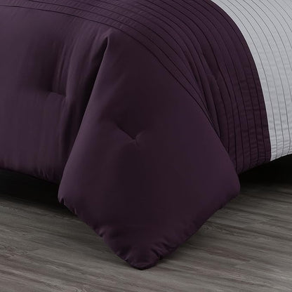 Chezmoi Collection Briar 7-Piece California King Bed in a Bag - All Season Lightweight Microfiber Comforter Set - Includes Sheets & Shams - Purple/Lavender/Gray Pleated Stripe Design