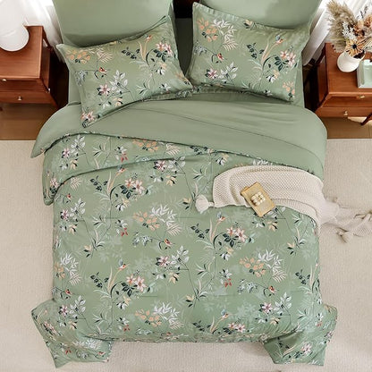 Green King Comforter Size Set, 7 Pieces Floral Bed in a Bag Bedding Sets, Lightweight Soft Comforter and Sheet Set, All Season Microfiber Flower Bedding Sets