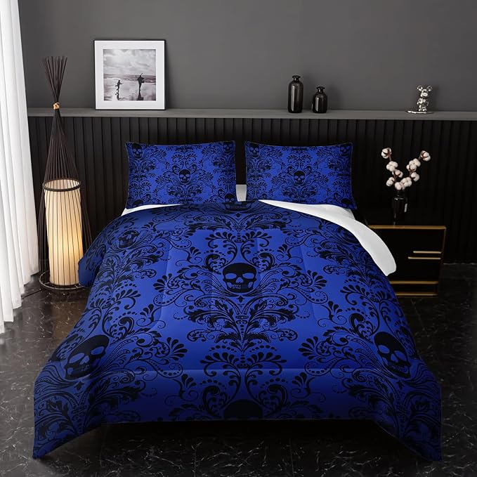 Adults Blue Gothic Comforter Set Queen Size,Vintage Damask Floral Bedding Set 3Pcs,Bohemia Bedding Set Goth Skull Printed Quilted Set for Teens Adult with 1 Comforter and 2 Pillowcase