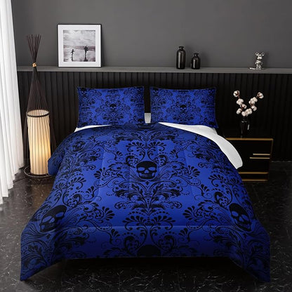 Adults Blue Gothic Comforter Set Queen Size,Vintage Damask Floral Bedding Set 3Pcs,Bohemia Bedding Set Goth Skull Printed Quilted Set for Teens Adult with 1 Comforter and 2 Pillowcase